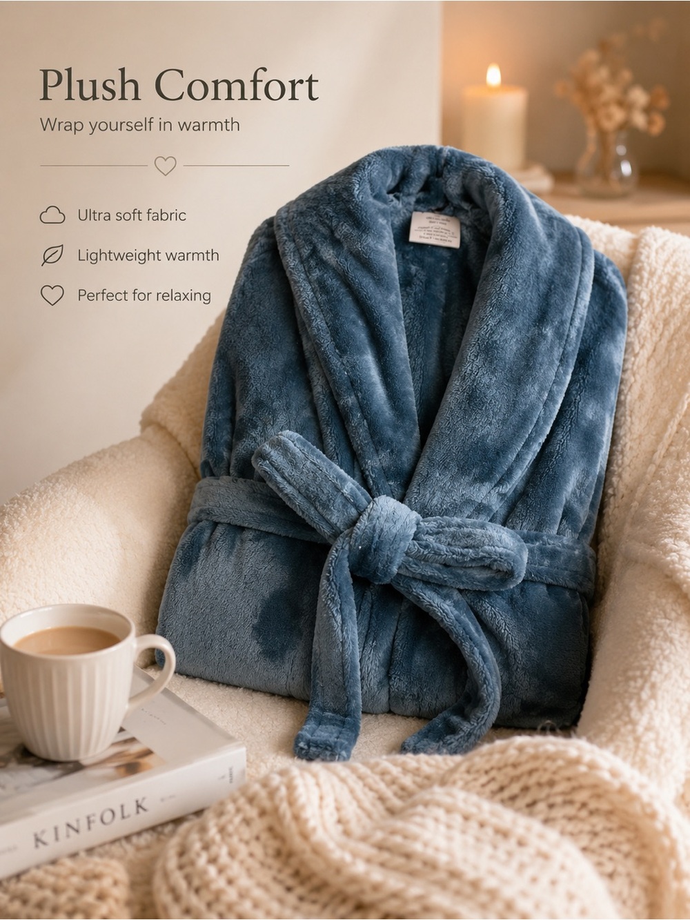 Plush Shawl Collar Robe in Slate Blue - Unisex Cozy Lounge Wrap - New, no tags.